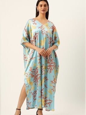 Winlar Analucia Long Satin Caftan Lounger OSFM beach novelty shells coral comfy